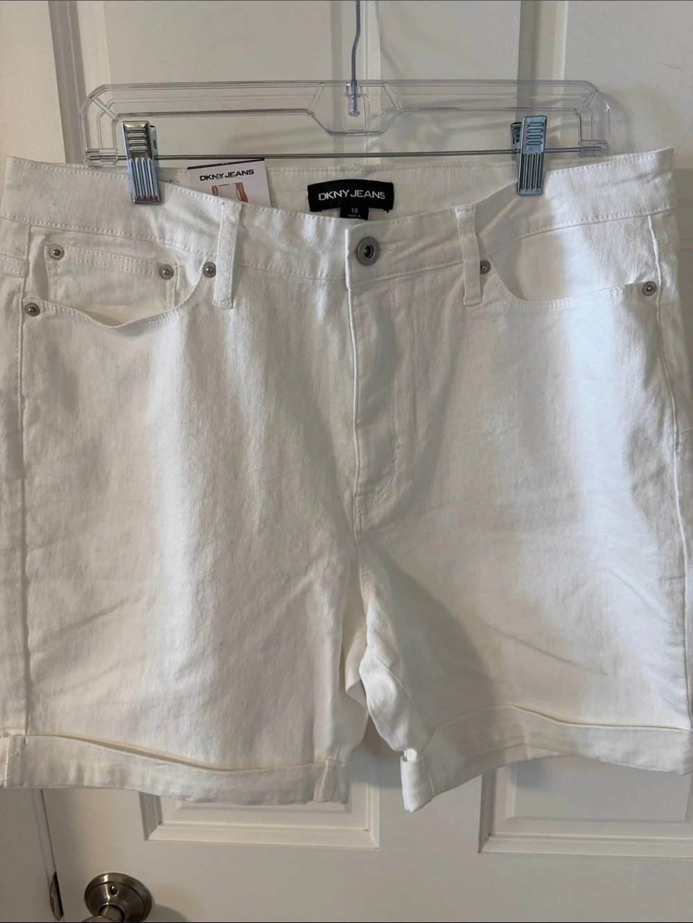 NWT DKNY White High Rise Stretch Denim Fixed Cuff Jean Shorts size 14